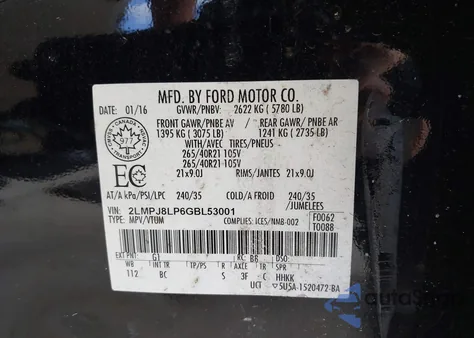 2016 Lincoln Mkx Reserve from USA, damaged, VIN 2LMPJ8LP6GBL53001